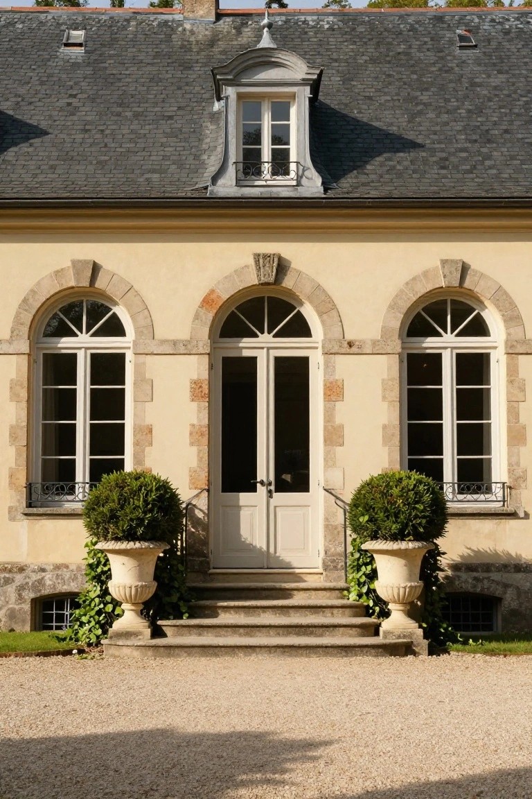 Light beige stucco house facade with symmetrical arched windows and central double doors outlined in pale stone, stone steps leading up, flanked by large urns holding trimmed boxwood topiaries, gravel foreground.