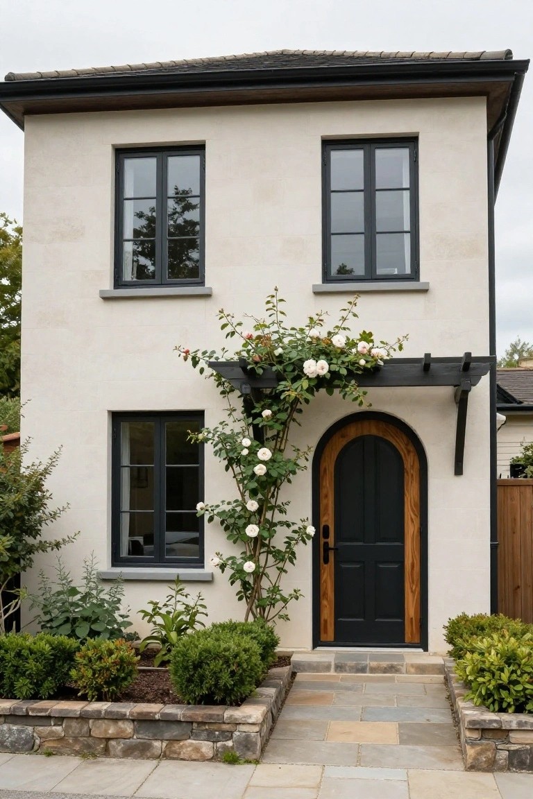 Modern house with arched black door and climbing white roses.