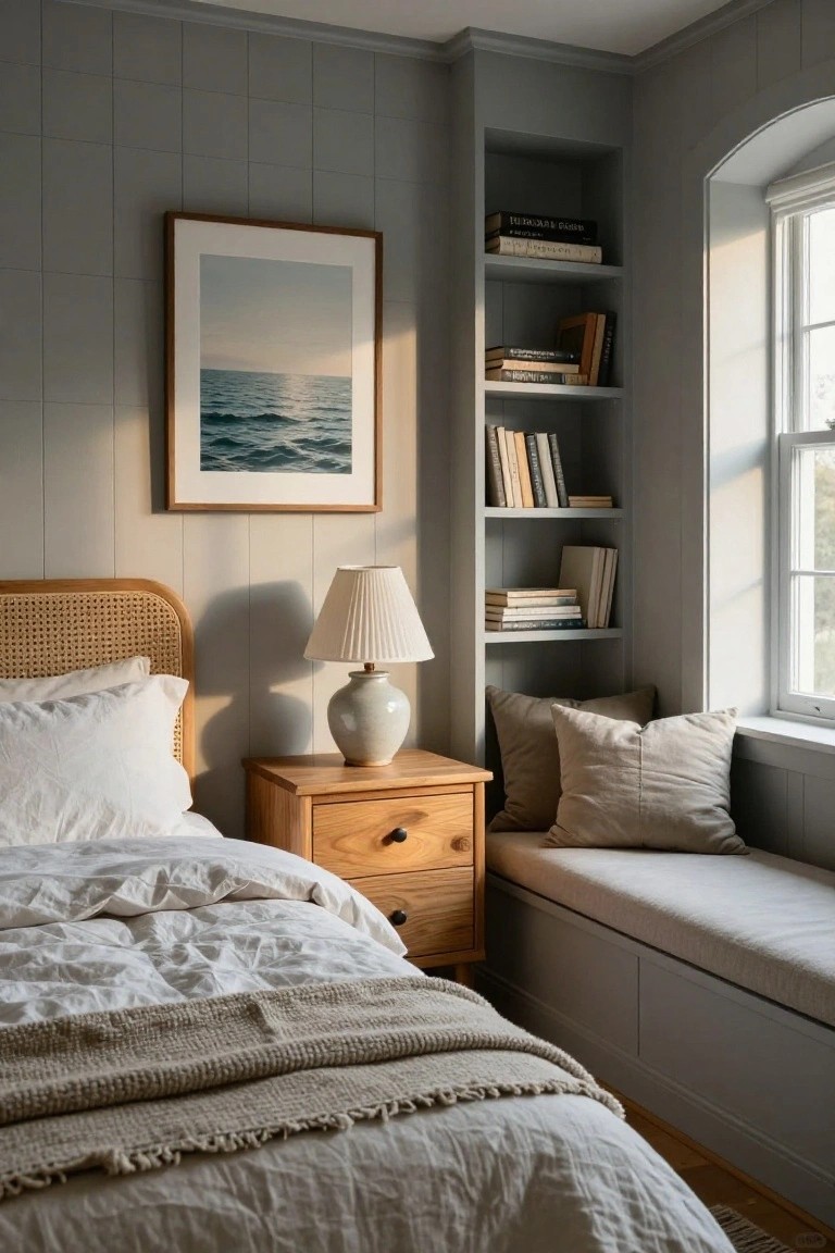 Bedroom corner with rattan headboard bed, wooden nightstand and lamp, built-in gray bookshelves, and cushioned window seat by a large arched window with gray shiplap walls.