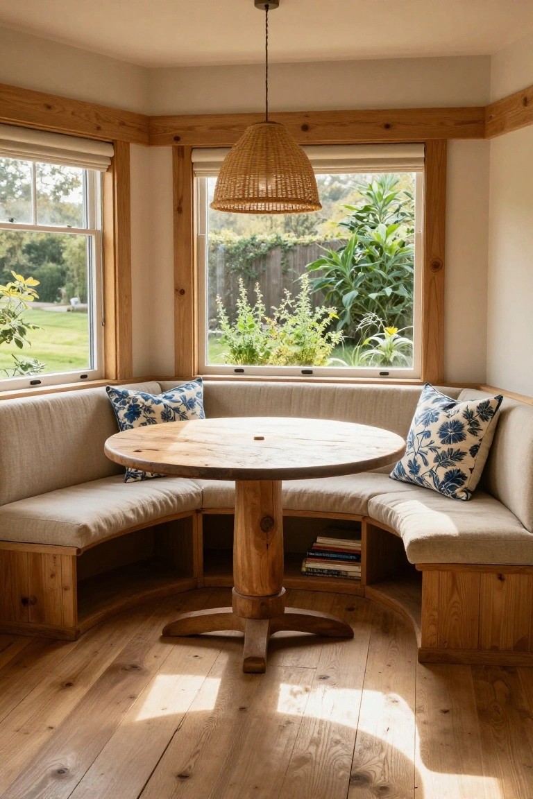 Beige curved banquette with blue floral pillows around a round wooden table in a light wood-framed window corner overlooking greenery.