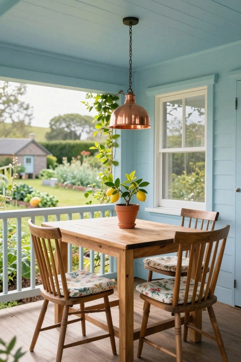 A covered porch with light blue painted ceiling and walls, featuring a square wooden dining table, two wooden chairs with floral cushioned seats, a potted lemon tree on the table, ivy trailing from a copper pendant light, a window, railing overlooking a garden, and wooden floor.