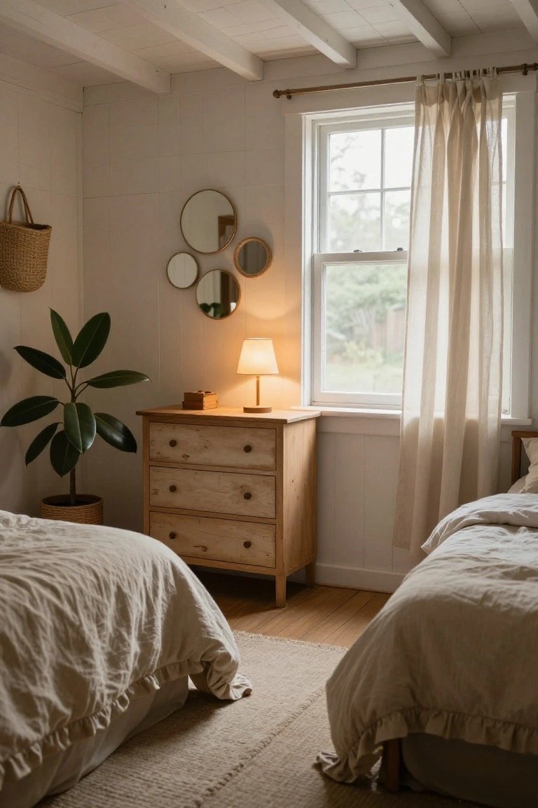 Bright bedroom interior with two twin beds covered in white ruffled linen bedding, wooden dresser, potted fiddle leaf fig plant, cluster of round mirrors above the dresser, table lamp, and window with sheer curtains.