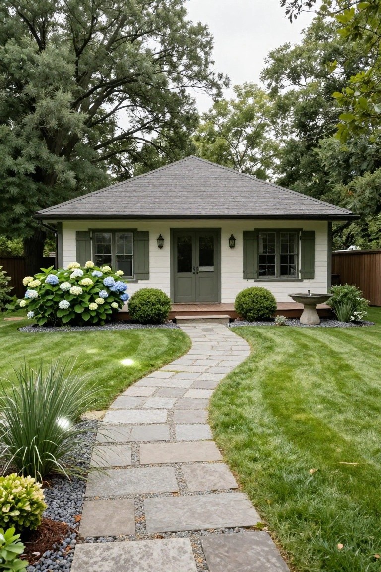 White single-story cottage with gray gabled roof, green shutters on side windows, double green front doors on wood stoop, flanked by hydrangeas and boxwood shrubs, curved gray stone pathway through green lawn.