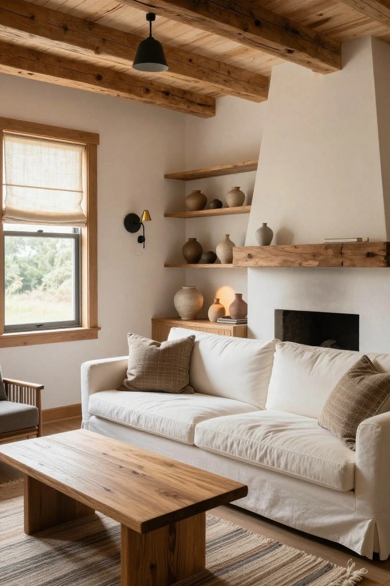 Living room interior with exposed dark wooden ceiling beams, white plaster walls and fireplace with wooden mantel shelf holding pottery, floating wooden shelves with ceramic vases, white slipcovered sofa with beige pillows, wooden coffee table, and window with linen roman shade overlooking green landscape.