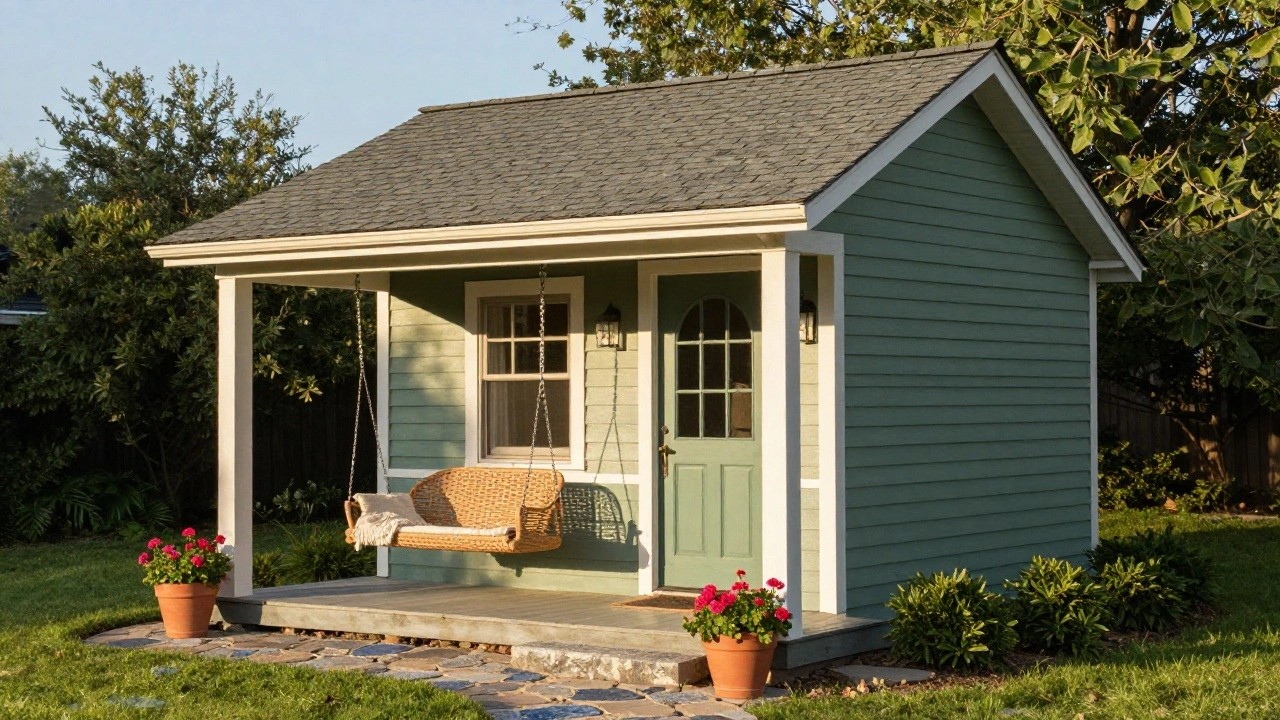 Small sage green wood-sided cottage with shake shingle roof and covered front porch, featuring a hanging wicker swing with cushions and pillows, arched green door, wall lantern, potted red geraniums, doormat, terracotta pots, flagstone path, and garden plantings.