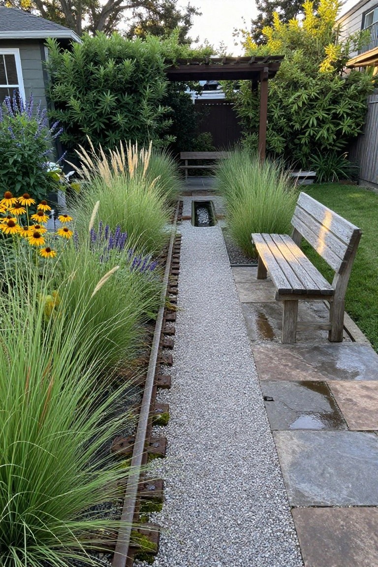 Gravel pathway edged with rusted metal rails and bordered by tall ornamental grasses, lavender, sunflowers, and a narrow water channel, leading to a wooden bench in a backyard garden with surrounding shrubs and hardscape pavers.
