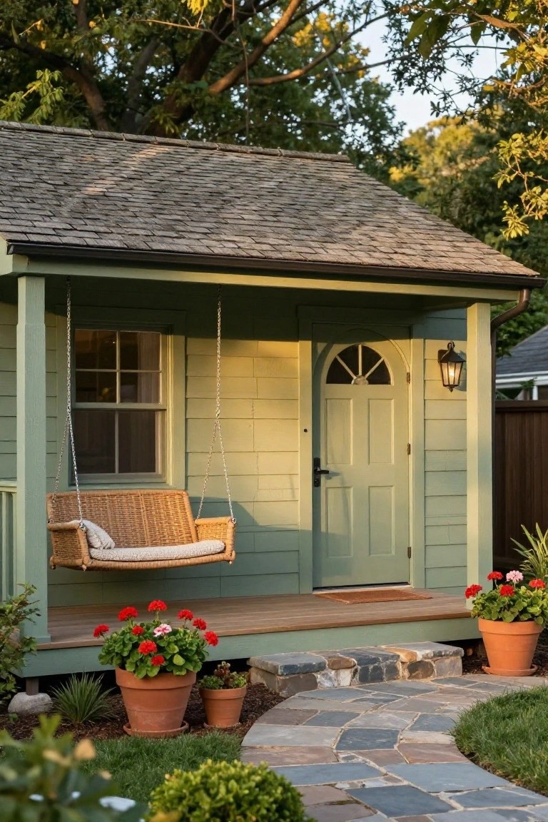 Small sage green wood-sided cottage with shake shingle roof and covered front porch, featuring a hanging wicker swing with cushions and pillows, arched green door, wall lantern, potted red geraniums, doormat, terracotta pots, flagstone path, and garden plantings.
