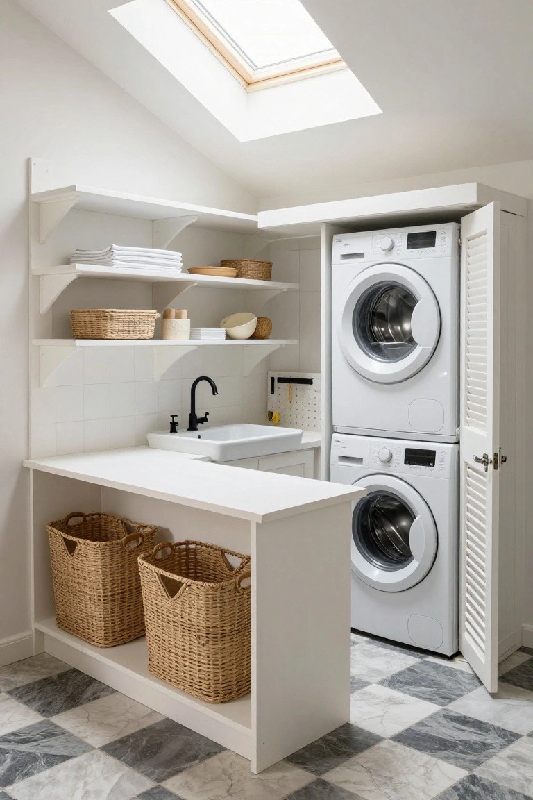 White built-in cabinetry with louvered doors enclosing stacked front-loading washer and dryer in a compact attic laundry room, featuring open shelves with folded towels and baskets, a utility sink, wicker laundry hampers, and checkered gray tile floor under a skylight.