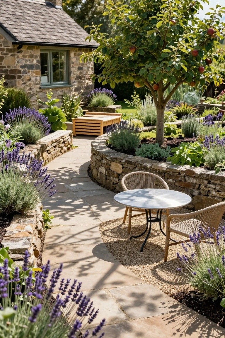 Curved stone slab pathway bordered by lavender plants and low stone retaining walls, leading to a small metal table with two rattan chairs in a garden next to a stone cottage and apple tree.