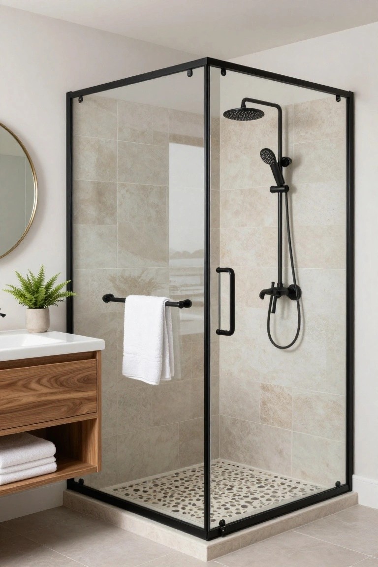 Corner glass shower enclosure with matte black metal frame, rain showerhead, handheld sprayer, and fixtures against beige tiled walls, next to a wooden vanity with towels and a potted plant in a bathroom.