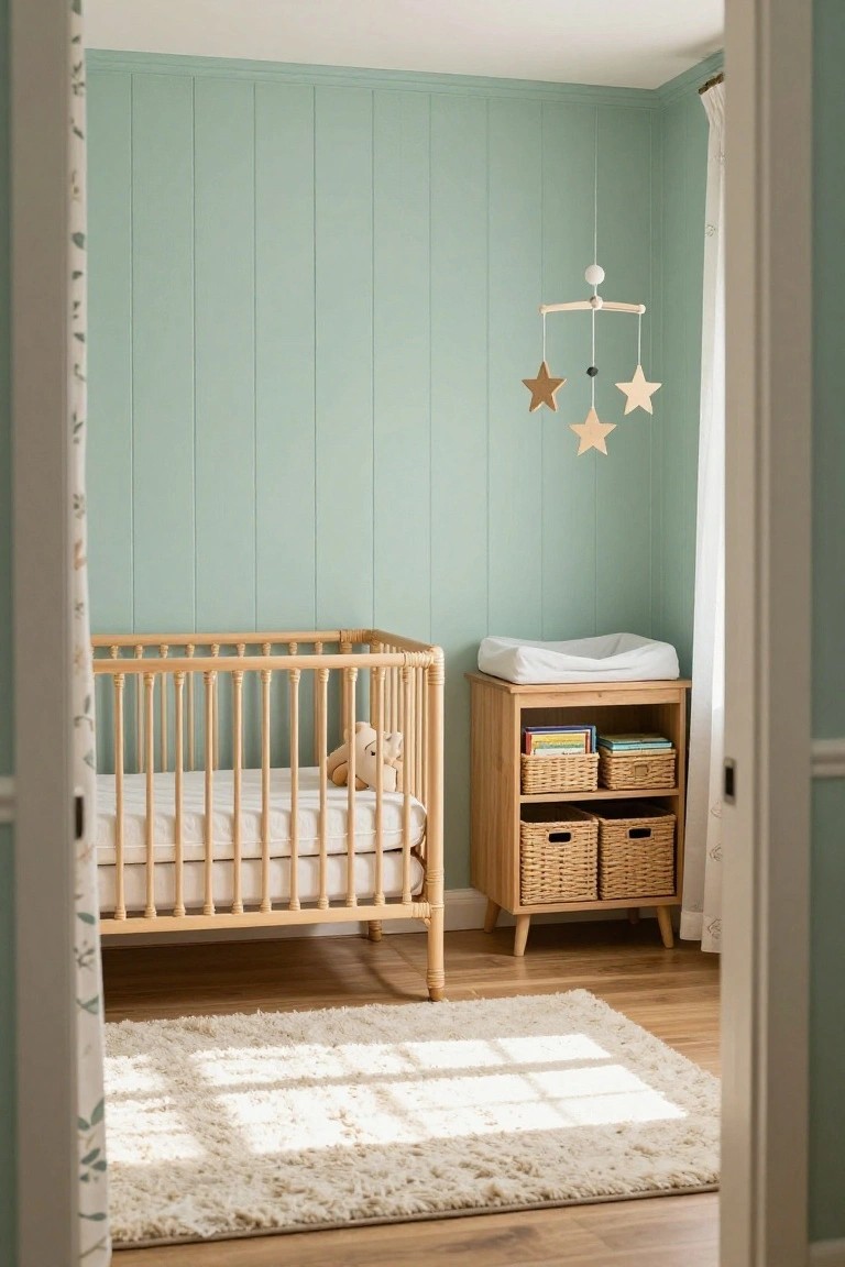Nursery room with mint green shiplap walls, wooden crib containing a teddy bear and mattress, adjacent changing table with books and wicker baskets, hanging wooden star mobile, white rug on hardwood floor, viewed from open doorway.
