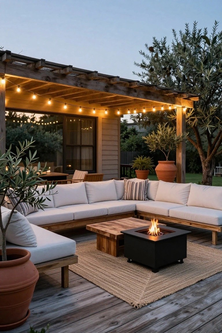 Outdoor deck with L-shaped white sofa seating around a square black fire pit table on a woven rug, under a wooden pergola strung with bulb lights, next to potted plants and olive trees.
