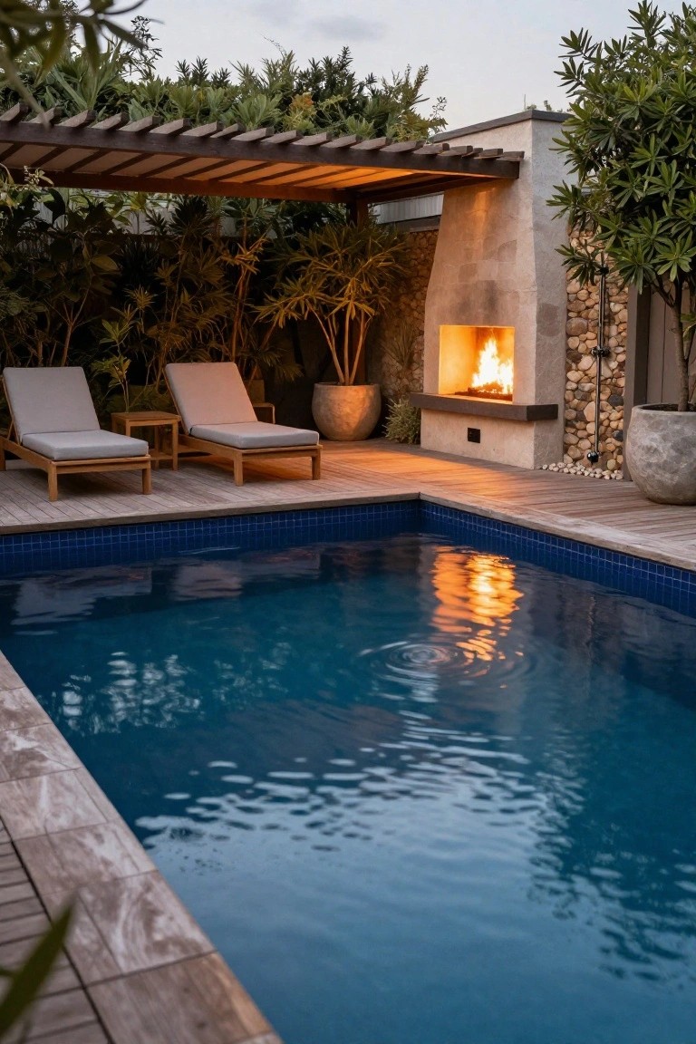 Wooden deck around a blue-tiled rectangular pool with two gray loungers under a slatted pergola, a stone fire pit with flames lit nearby, potted plants and tropical greenery at dusk.