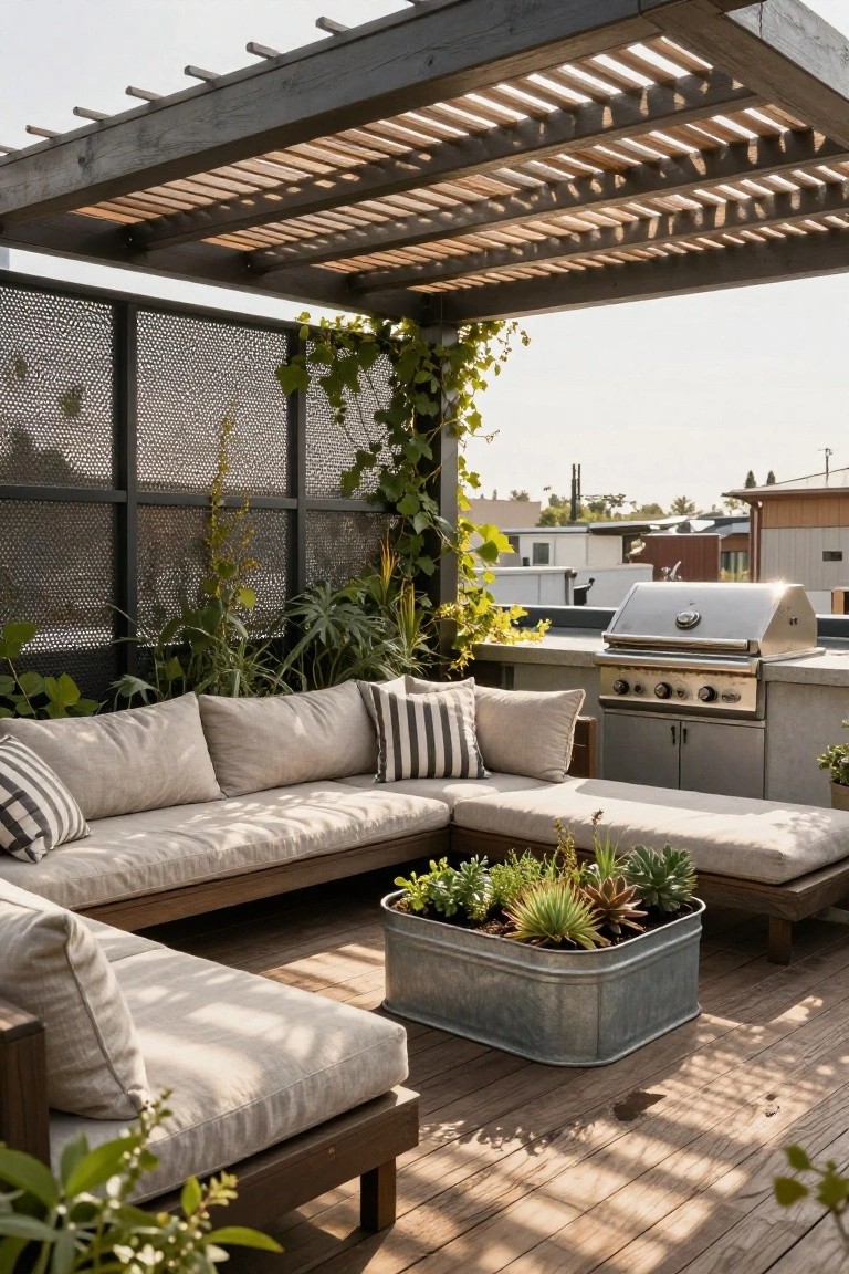 Rooftop deck with L-shaped beige outdoor sofa around a metal tub planter containing succulents and grasses, stainless steel grill on concrete counter, wooden pergola overhead, metal screens with climbing vines, wooden decking, and city view in background.