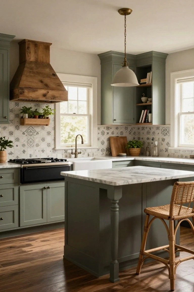 Kitchen with sage green lower and upper cabinets, wooden range hood over gas stove, white farmhouse sink, marble island countertop, rattan bar stools, and patterned white tile backsplash.