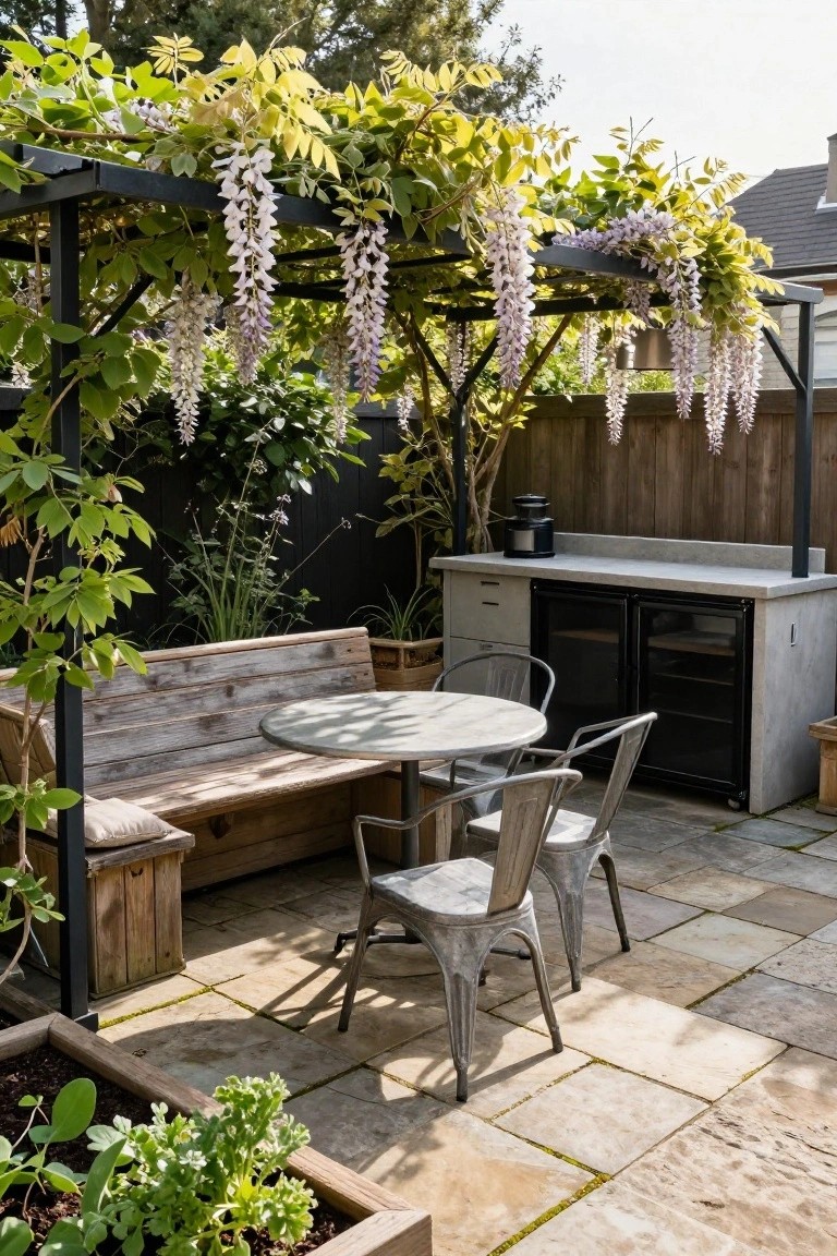 Patio featuring a black metal pergola covered in white wisteria vines overhanging a wooden bench, round metal table, and metal chairs, adjacent to a concrete outdoor bar cabinet with black fridge doors, surrounded by potted plants and a black wooden fence on stone pavers.