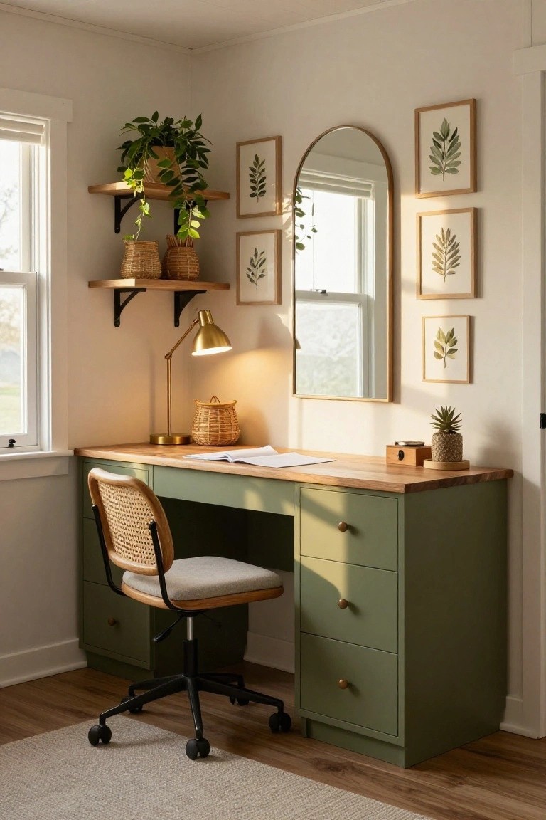 Corner room with sage green desk on wooden top, rattan chair with wheels, gold desk lamp, potted plants, woven baskets, arched gold mirror, and framed botanical prints on white walls with window light.