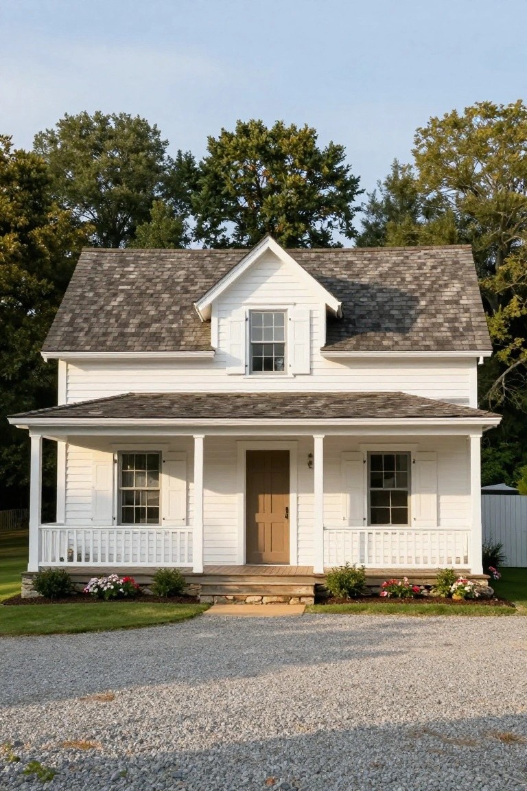 White clapboard cottage with gray shingle gabled roof, covered front porch with white railings, brown wood door, flower planters on porch steps, gravel driveway, grass lawn, and trees in background.