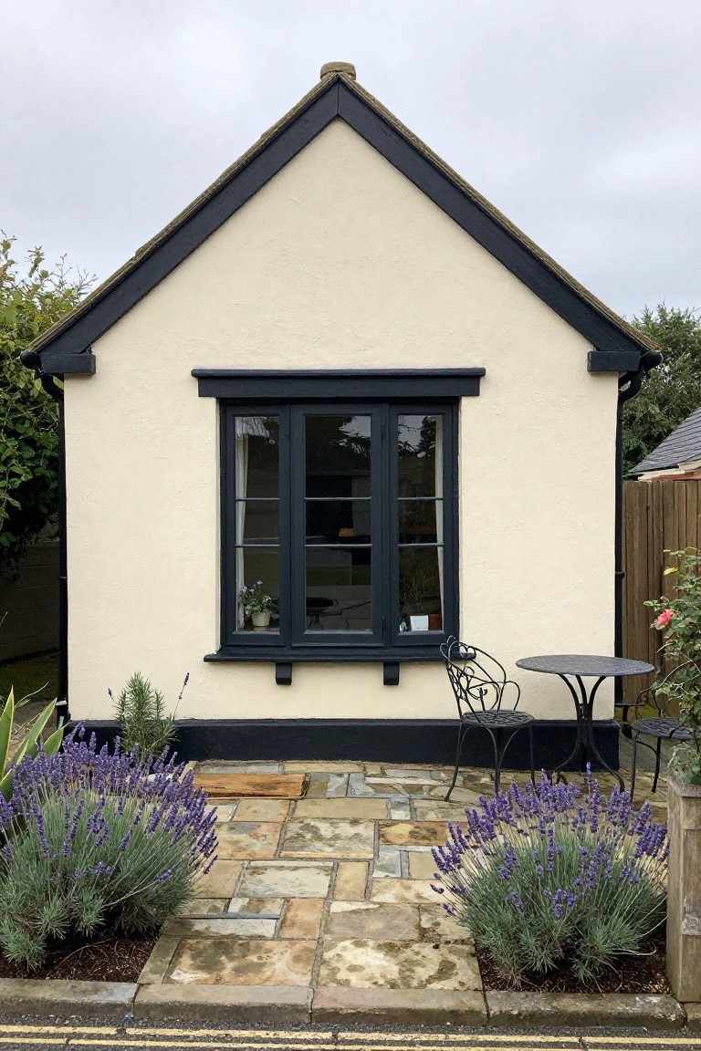 Small cream cottage with black trim on gabled roof edges and window frames, a potted plant on the wide black-framed window sill, lavender bushes and bistro table with chairs on stone patio in front.