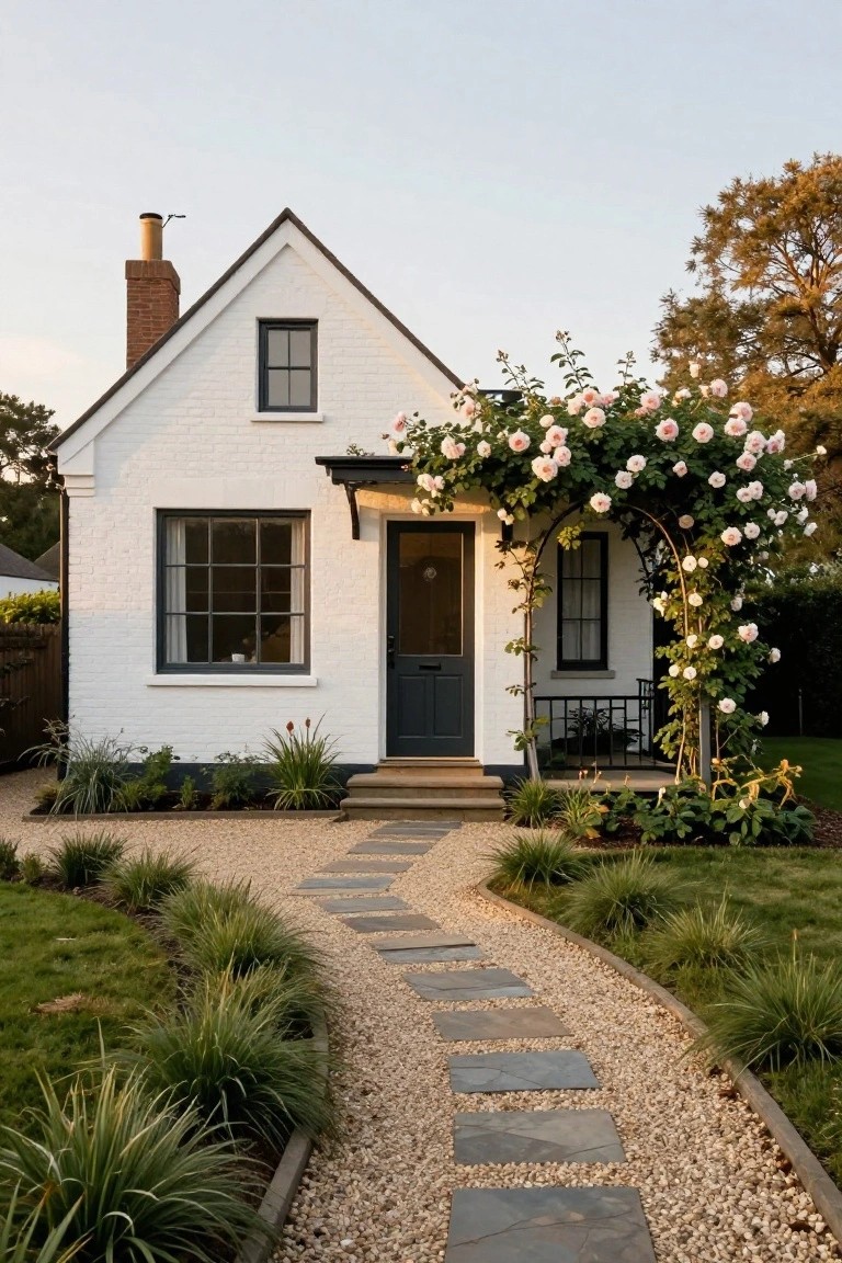 White brick cottage with gabled roof, black-framed windows, dark front door under a metal arch covered in pink climbing roses, stone path through gravel and ornamental grasses to the entry.