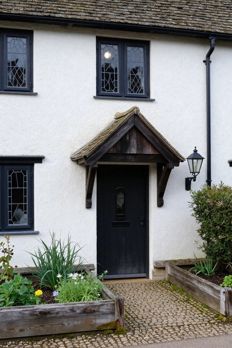 White cottage house with thatched roof, black leaded windows, wooden gabled porch hood over black front door, wall lantern, raised wooden planter boxes with plants and flowers, and pebbled stone path to the entrance.