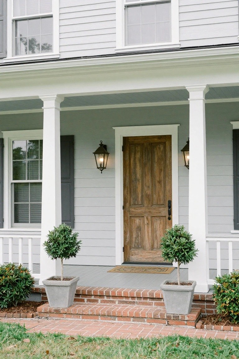 Light gray clapboard house with white columns supporting a covered front porch, dark wooden paneled front door, wall-mounted lanterns, potted boxwood shrubs flanking the entry, brick steps, and grass lawn.