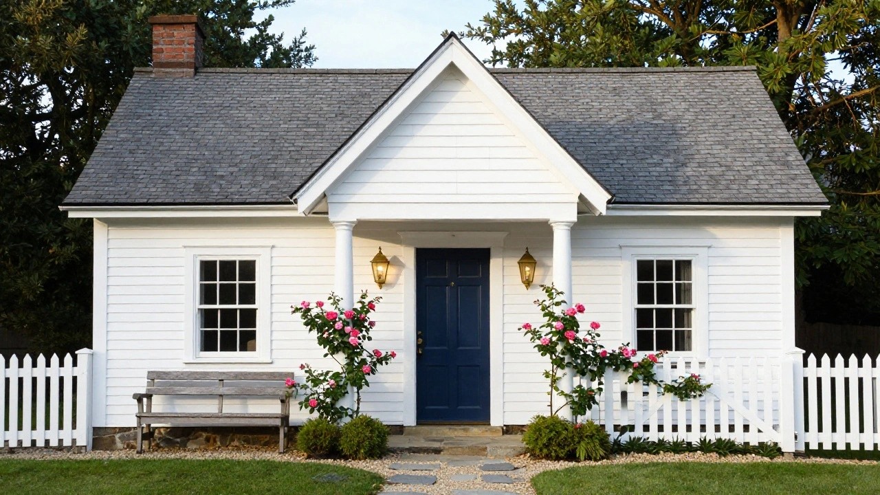 White clapboard cottage with gabled roof and central dormer window, navy blue front door flanked by brass lanterns, white picket fence gate, wooden benches, pink rose bushes, and stone path.