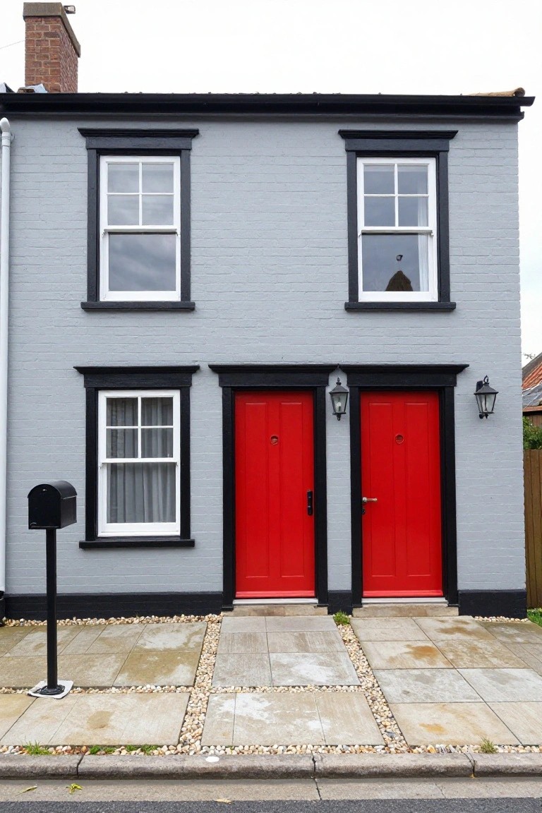 Gray brick house with two red doors and black-framed windows.