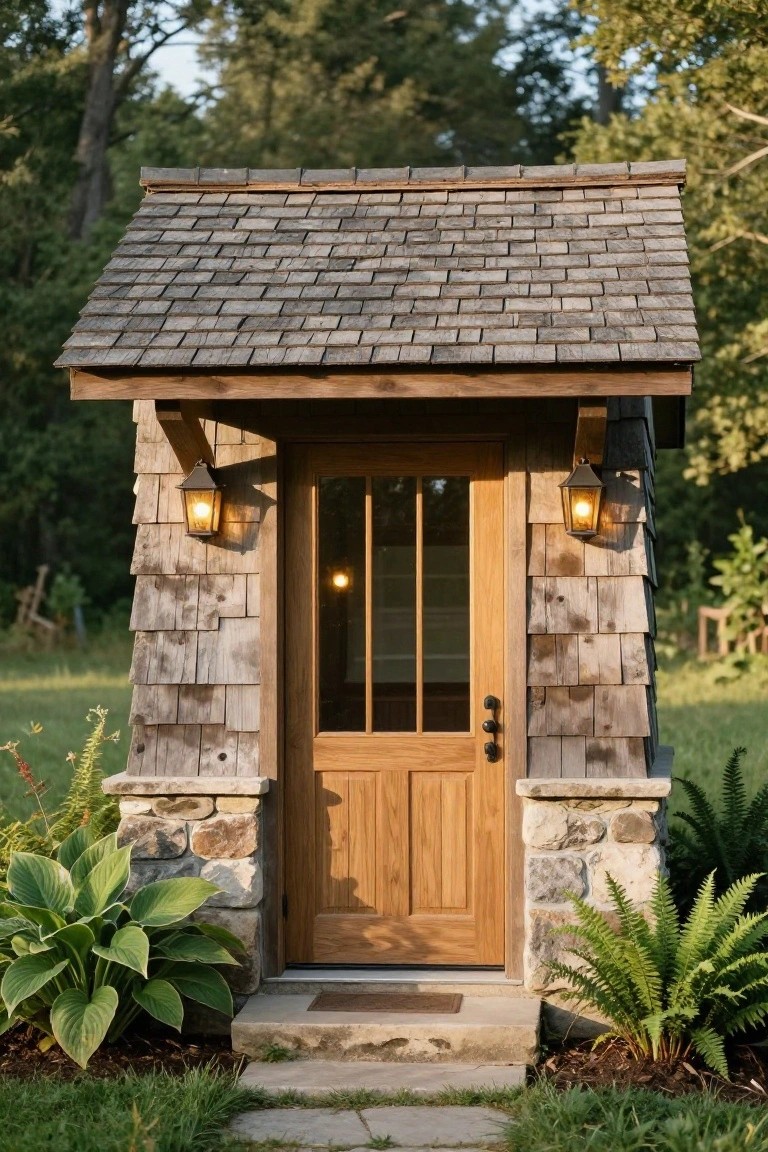 Small shingle-clad wooden structure with gabled roof, flanked stone pillars supporting lanterns, central double oak door with glass panels, surrounded by hosta plants, ferns, and a stone path in a grassy garden.