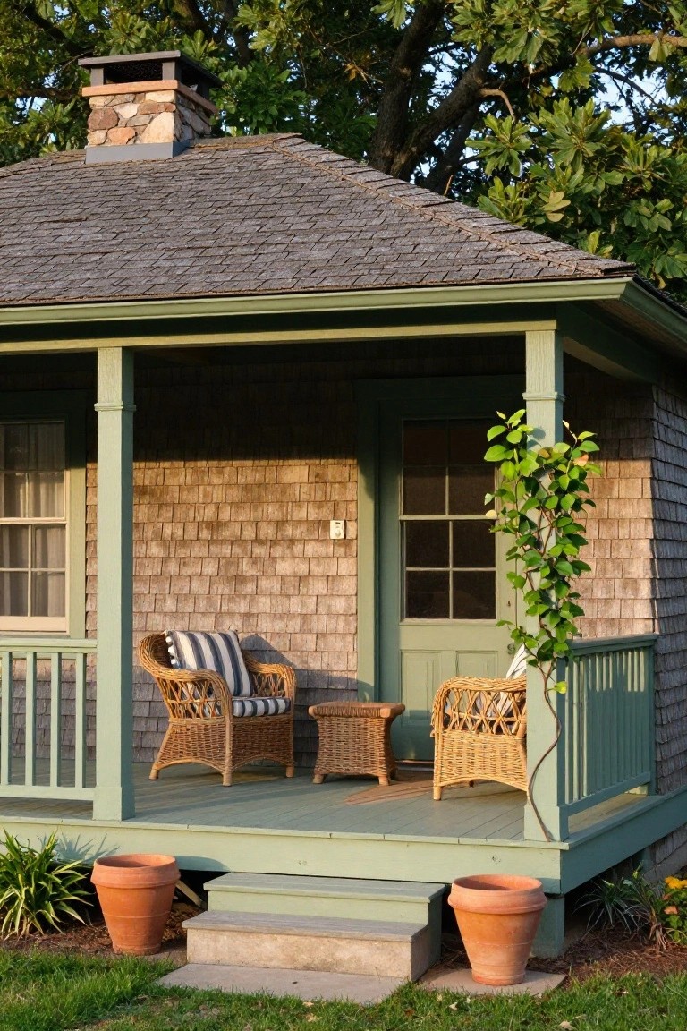 Small cottage with cedar shingle siding and green painted trim, featuring a covered front porch furnished with two wicker chairs, a side table, potted plants on the steps, and landscaping around the base.