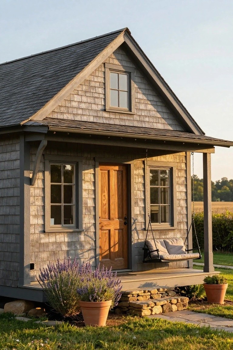Gray shingled cottage with gabled roof, wooden front door, covered porch featuring a hanging swing, potted lavender plants, stone steps, and surrounding grass and fields.