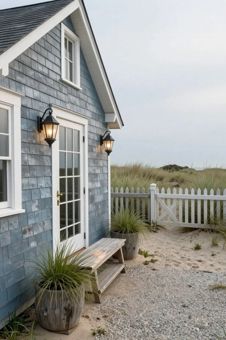 Blue-gray shingled cottage exterior featuring a glass door with brass knob, flanked by black lanterns, white-trimmed windows, wooden bench, potted grasses, white picket fence gate, sandy path, and beach grass dunes in the background.