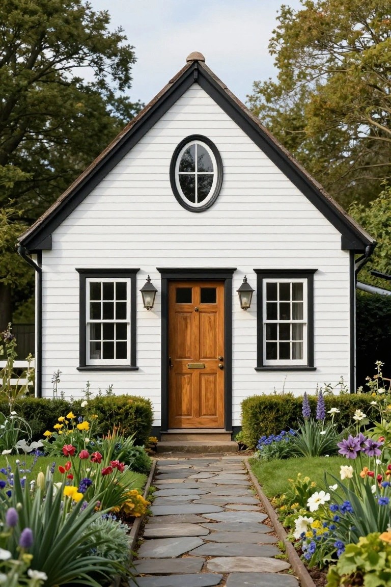 A small white clapboard cottage with black trim, gabled roof, oval attic window, double-hung side windows, central wooden door with brass knocker, wall lanterns, boxwood hedges, colorful flower beds, and stone path leading to the entry.