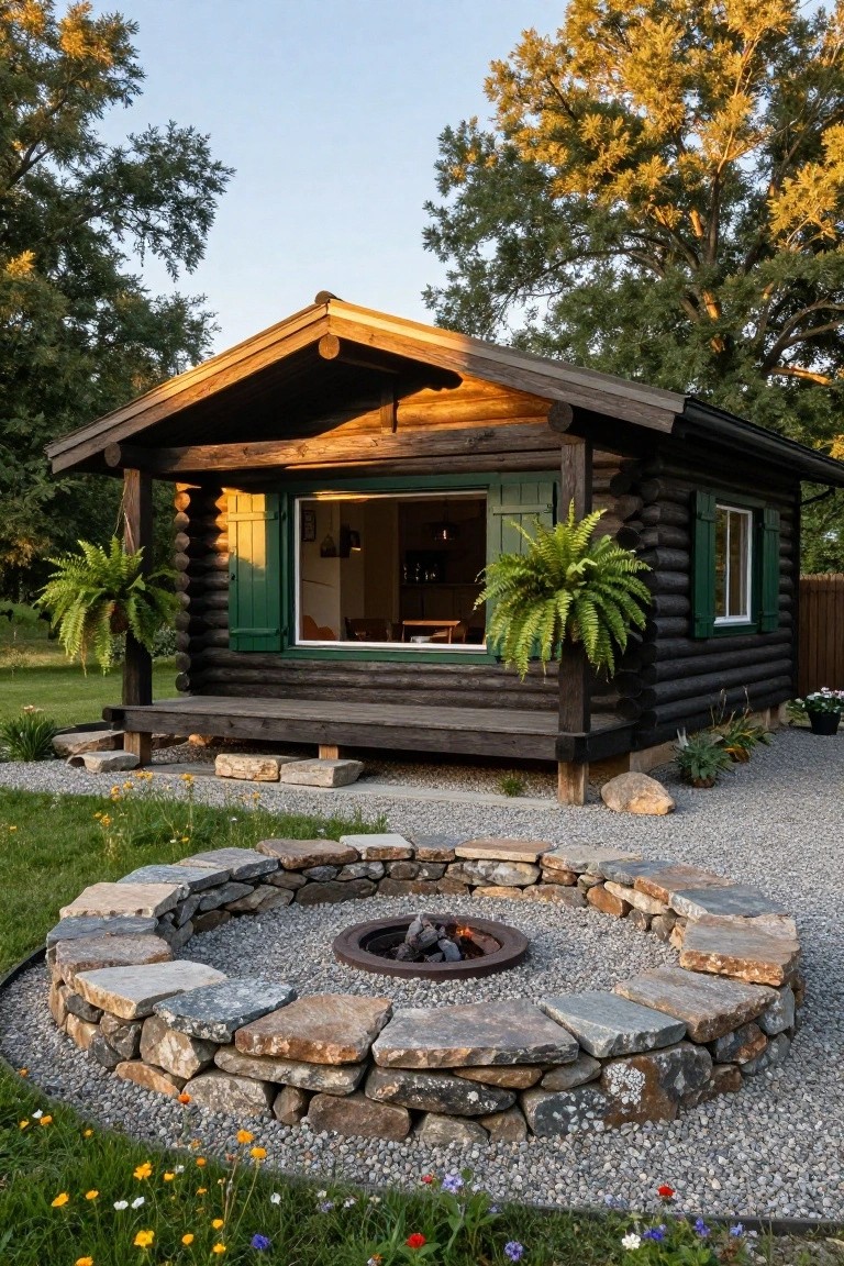 Small one-story log cabin with dark wood logs, green shutters on windows, wooden porch, hanging ferns, and a circular stone-bordered fire pit with metal insert and gravel fill in the foreground yard surrounded by grass, flowers, and gravel.