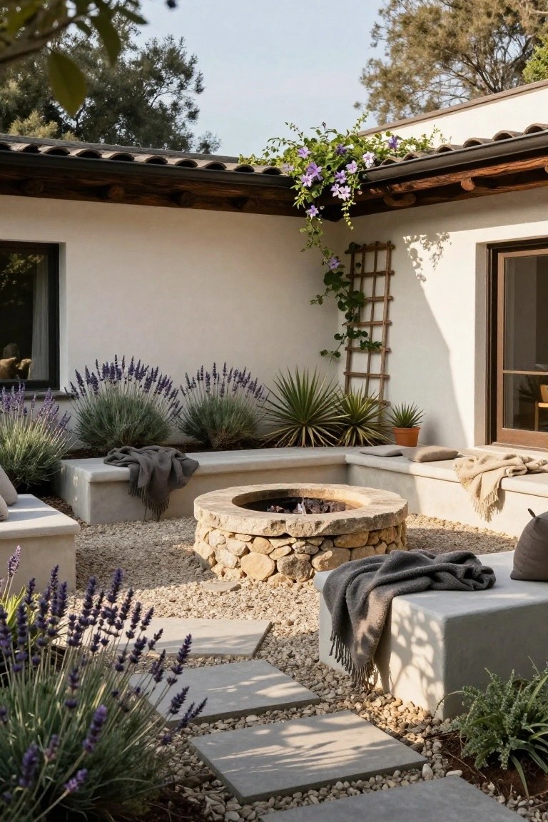 Outdoor courtyard with central round stone fire pit surrounded by low white concrete benches, gravel ground cover, lavender plants, stone paths, and white stucco walls under a tiled roof.