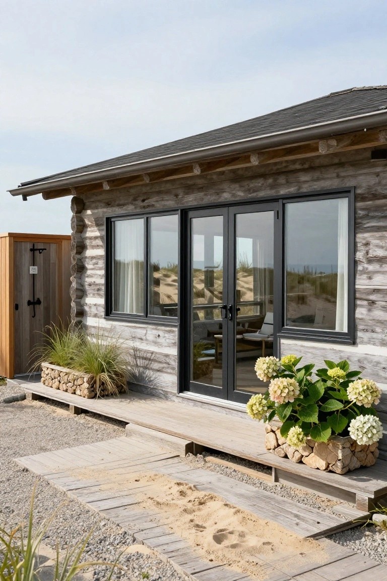 Exterior of a one-story log cabin with grayish weathered siding, large black-framed glass doors and windows, wooden deck platform, potted hydrangeas, stacked firewood, dune grass, and sandy path nearby.