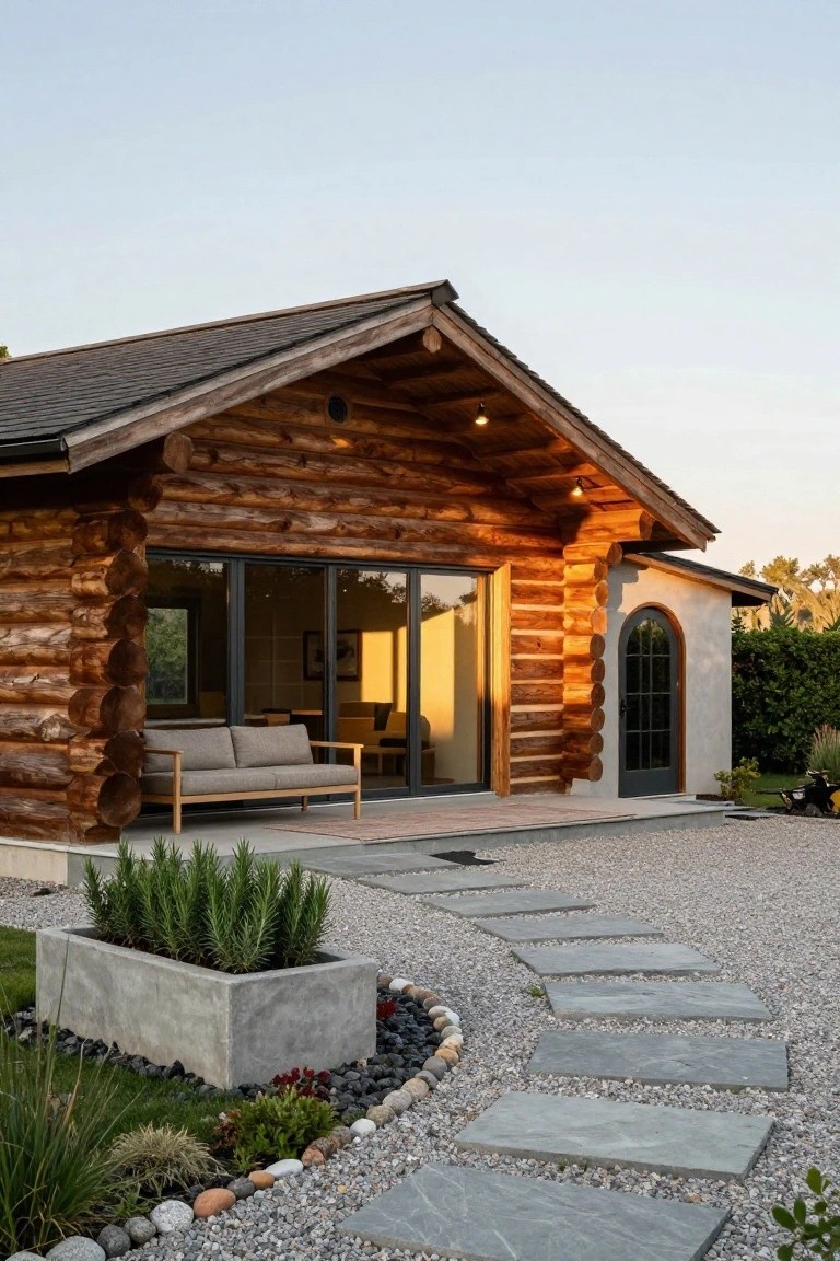 A one-story log cabin exterior with rounded wood logs, a sliding glass door, outdoor sofa on a patio, stone pathway, gravel ground, plants in a concrete planter, and adjacent stucco structure with an arched door.