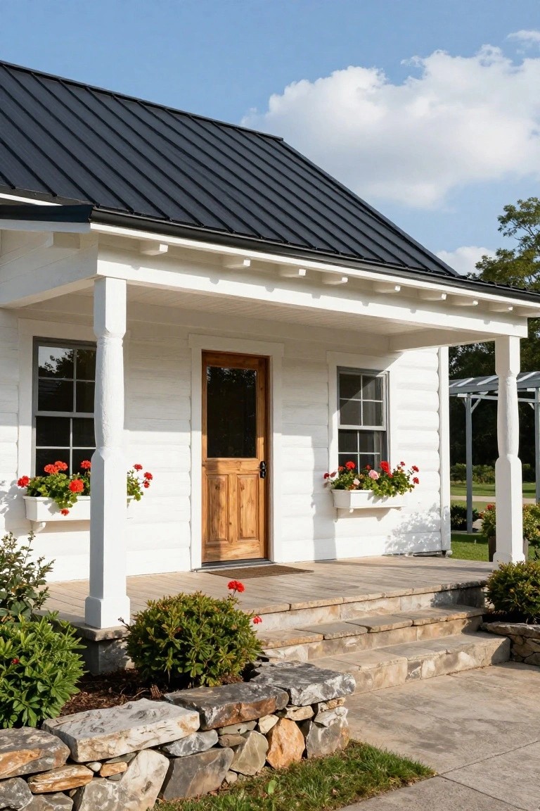 White one-story house with board-and-batten siding, dark metal roof, covered front porch supported by turned posts, wooden entry door, flower boxes on windows, stone steps, and low landscaping around the base.