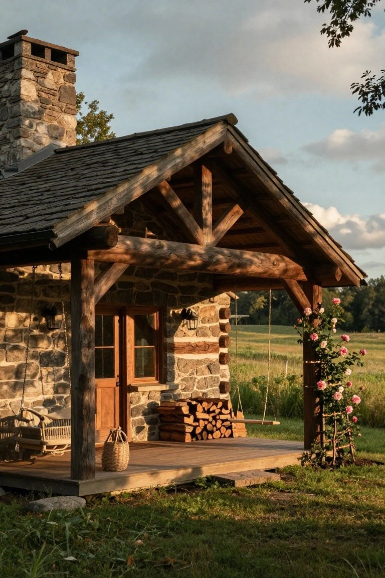 One-story cabin with fieldstone lower walls and chimney, exposed log beams on porch and roofline, wooden swing and firewood stack on deck, rose trellis nearby, fields and trees in background.