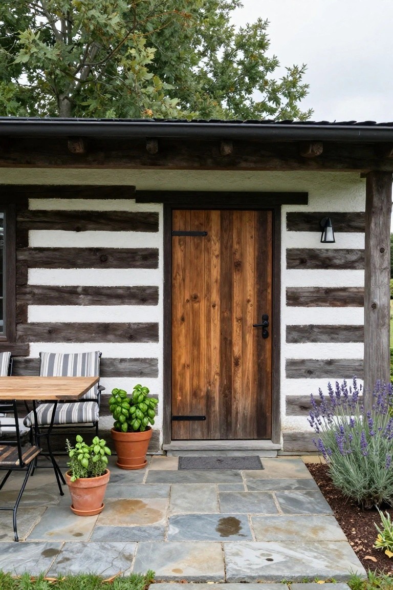 Exterior of a log cabin featuring dark horizontal logs with white chinking creating stripes, a wooden entry door with black hardware, black lantern light, striped chair cushions on metal outdoor furniture around a wooden table on a stone patio, potted basil plants, and lavender bushes nearby.
