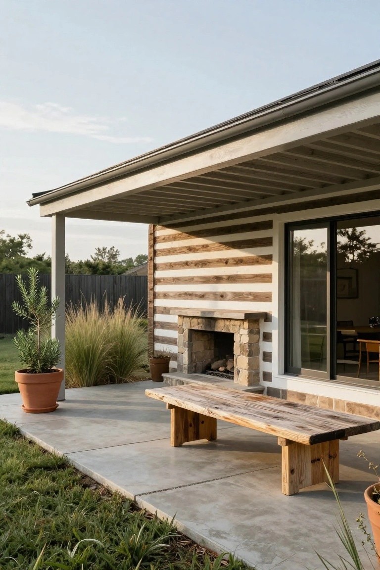 Covered concrete patio next to a house with horizontal striped log siding, built-in stone outdoor fireplace, long wooden bench, potted plants, ornamental grasses, and sliding glass doors.