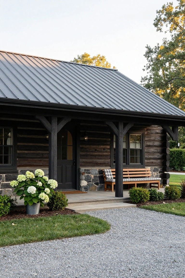 One-story black log cabin with gray metal roof and covered front porch supported by dark timber posts, featuring a bench with plaid cushions, potted white hydrangeas, stone foundation, and gravel path amid lawn and shrubs.