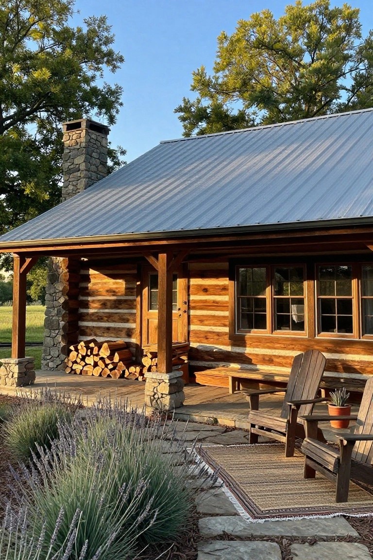 One-story log home exterior with round log walls, gray metal roof, tall stone chimney, covered wooden porch holding two Adirondack chairs and stacked firewood, plus lavender plants and stone path.