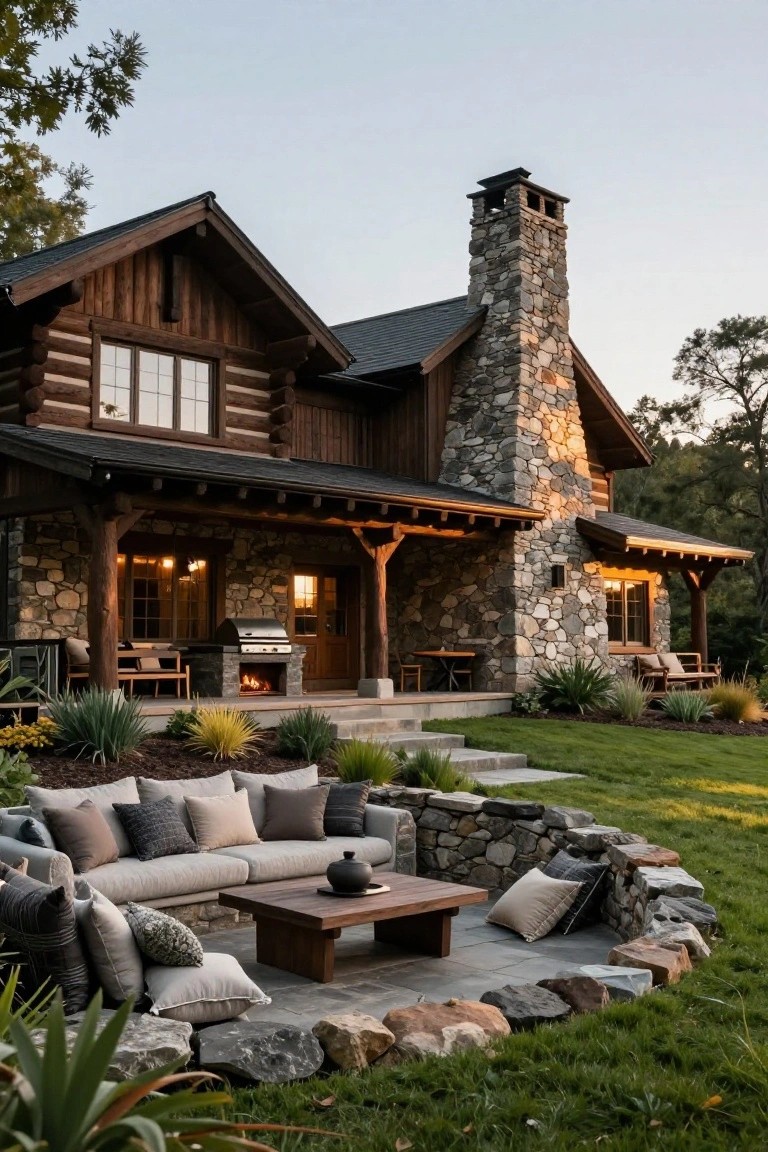 Rustic one-story log home with stone chimney and base, covered wooden porch featuring built-in stone fireplace, grill, and seating, steps to a lower circular stone wall enclosing gray sofa and wood coffee table amid landscaping and grass.