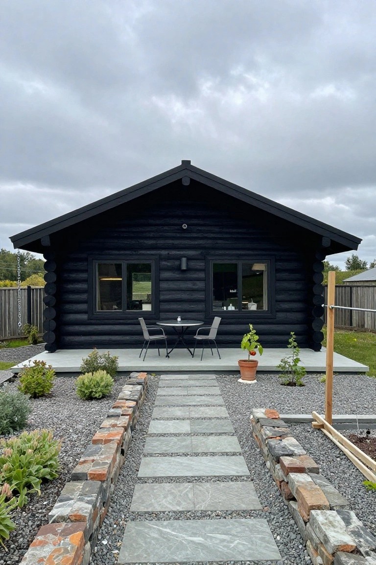 Black log cabin house with gabled roof, small front porch with table and chairs, stone-edged gravel path leading to entrance, plants along the sides, and clothesline post nearby under cloudy sky.