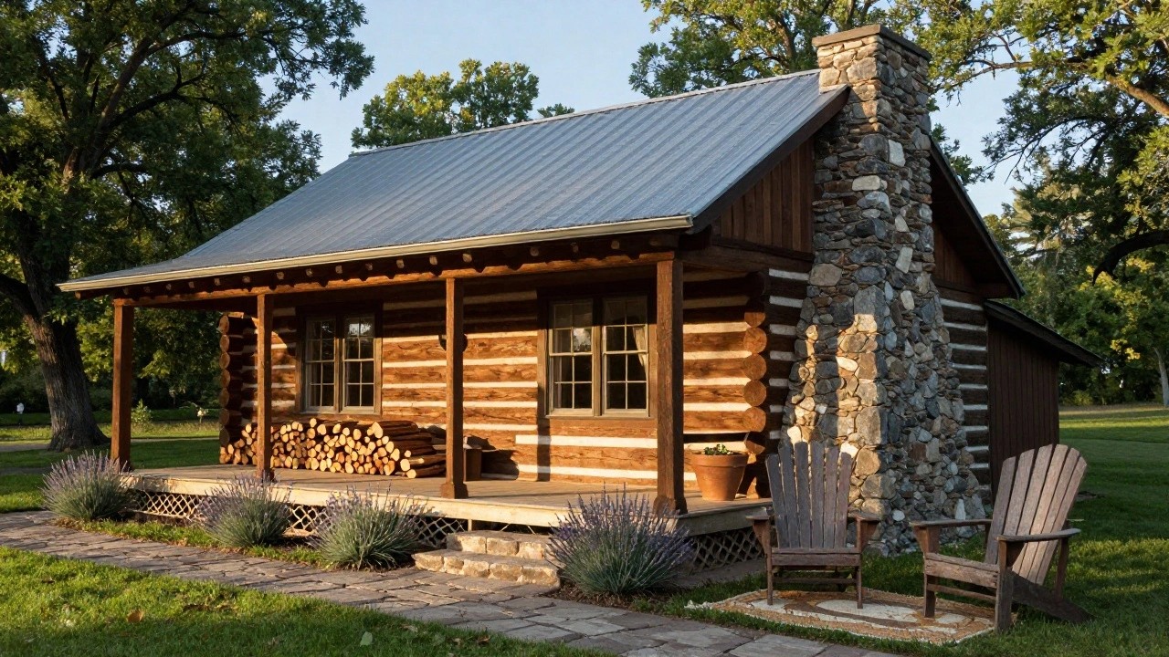 One-story log home exterior with round log walls, gray metal roof, tall stone chimney, covered wooden porch holding two Adirondack chairs and stacked firewood, plus lavender plants and stone path.