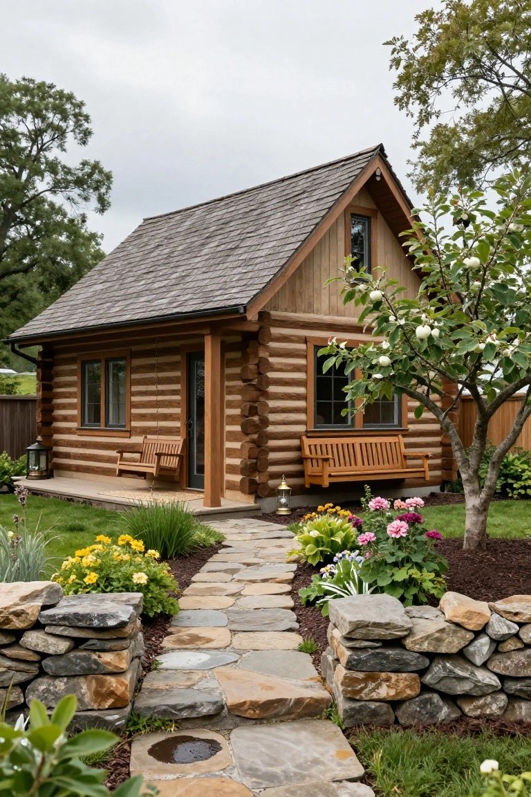 Small one-story log cabin with horizontal log walls, covered front porch with hanging wooden swing bench and potted lantern, stone pathway bordered by flower beds and low stone wall, apple tree and garden plants nearby.