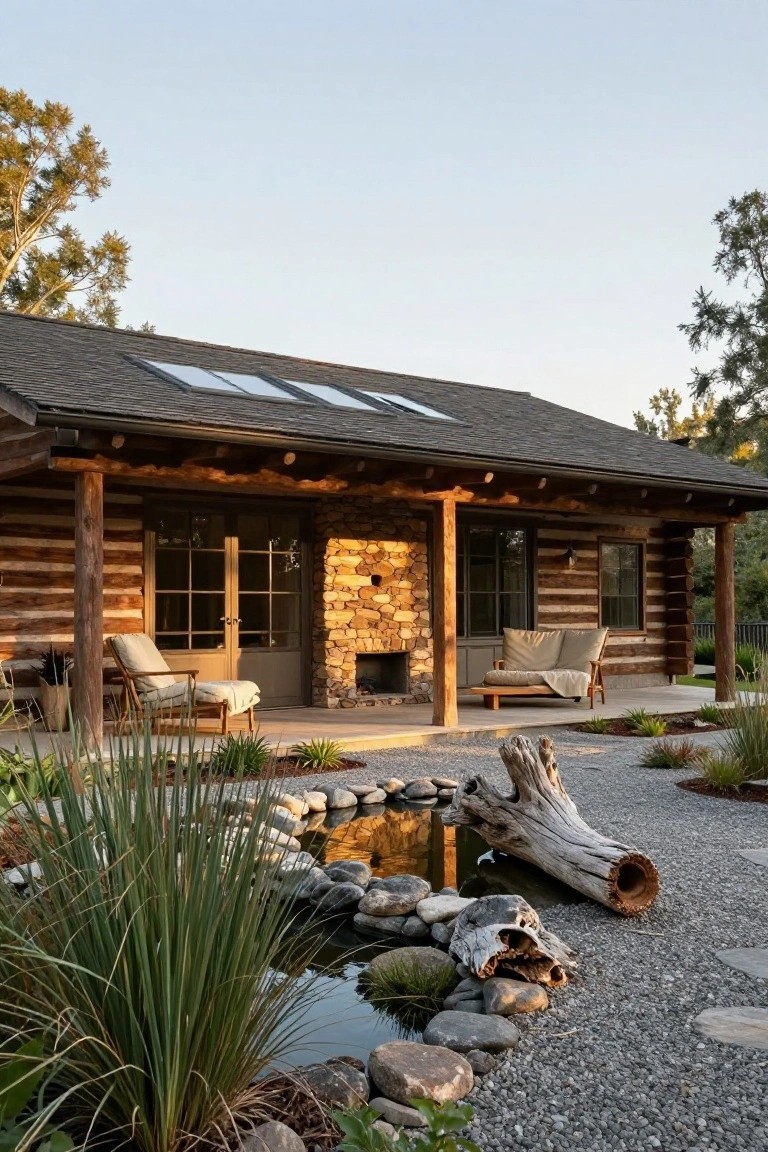 One-story log home exterior with covered wooden porch, beige lounge chairs, tall stone outdoor fireplace, large windows and doors, and foreground gravel yard with rock-lined pond, driftwood, grasses, and trees under a partly cloudy sky.