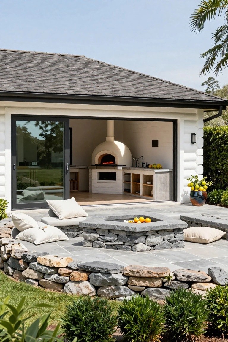 White building with open black sliding doors revealing a pizza oven kitchen, adjacent to a curved gray stone fire pit with low surrounding stone walls topped by beige cushions, potted lemons nearby, and green landscaping.