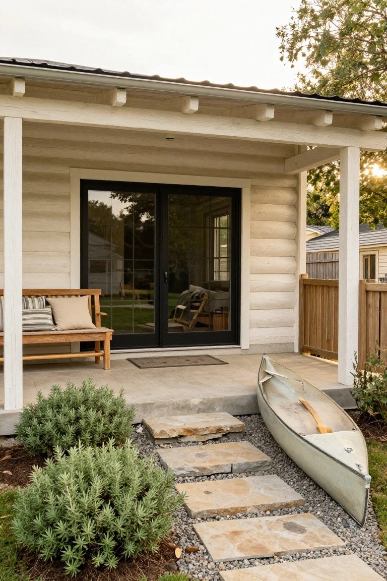 White wooden porch with posts and roof on a light log home exterior, black sliding glass doors, wooden bench with striped and beige pillows, white canoe leaning on concrete pad nearby, flagstone path lined with green lavender bushes, and trees and another house in background.